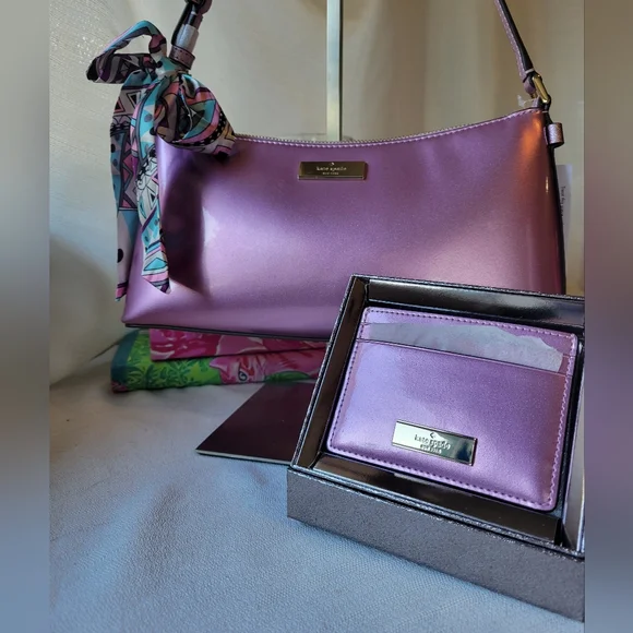 Kate Spade Kenzie Purple Metallic Shoulder Bag & Card Holder - Picture 2 of 9